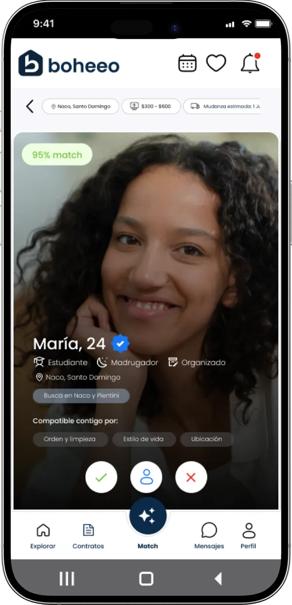 Vista previa de un perfil y sus afinidades en Boheeo